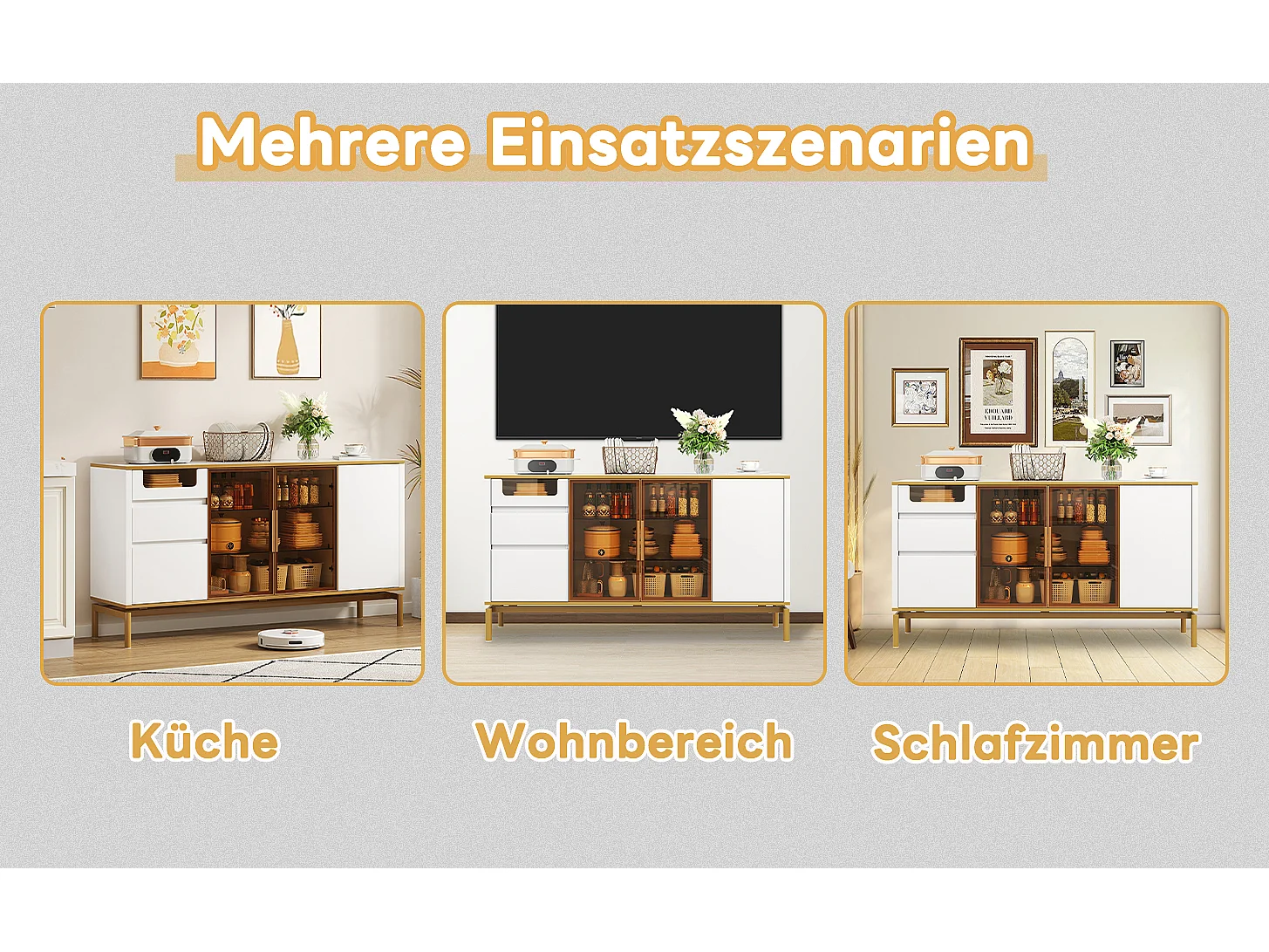 Elegant dressoir 150Lx40Bx80H cm, wit, marmeren blad, gouden afwerking - Moderne opbergkast met glazen en houten deuren (150x40x80 cm)