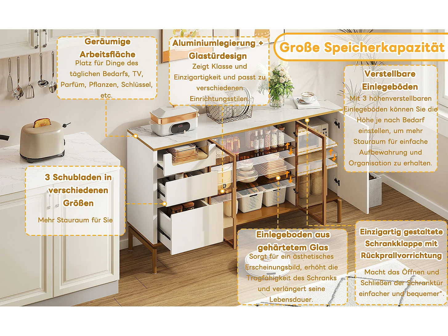 Elegant dressoir 150Lx40Bx80H cm, wit, marmeren blad, gouden afwerking - Moderne opbergkast met glazen en houten deuren (150x40x80 cm)