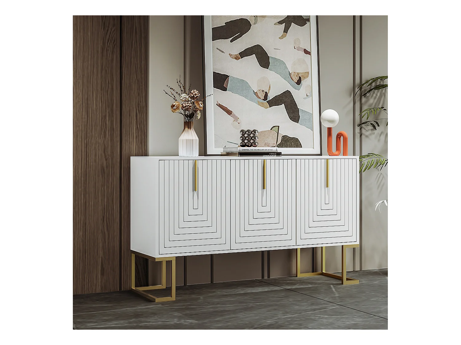 Buffet 3 portes avec étagères réglables, portes en U et poignées métalliques, MDF, blanc (138x40x80.5 cm)