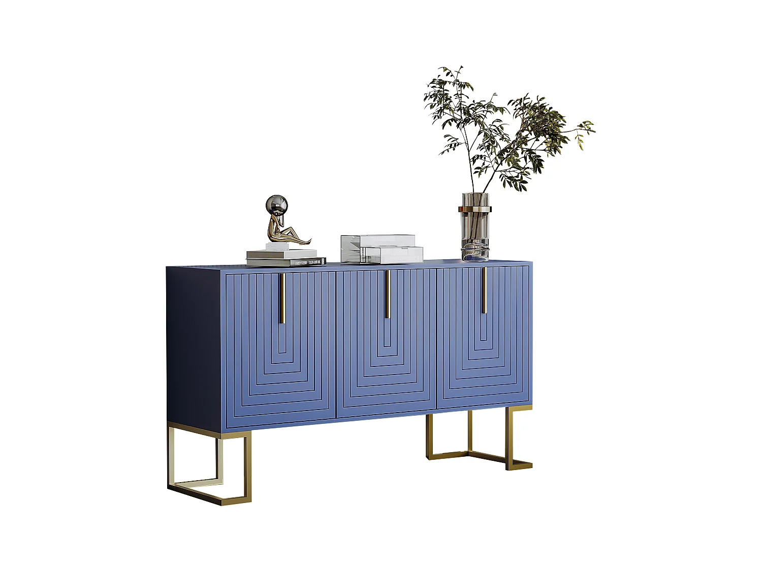 Buffet 3 portes avec étagères réglables, portes en U, poignées métalliques et socle, MDF, bleu marine (138x40x80.5 cm)