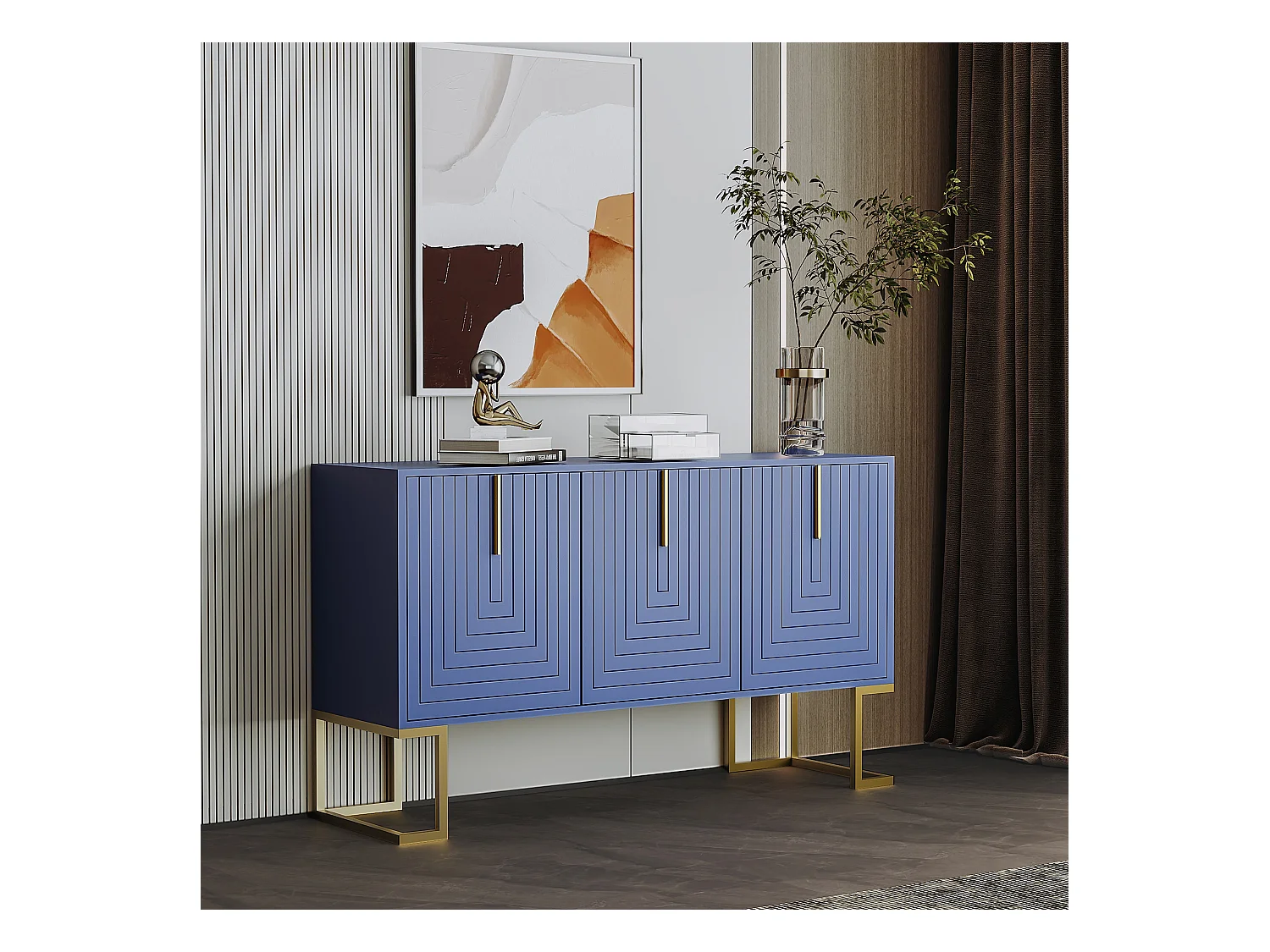 Buffet 3 portes avec étagères réglables, portes en U, poignées métalliques et socle, MDF, bleu marine (138x40x80.5 cm)