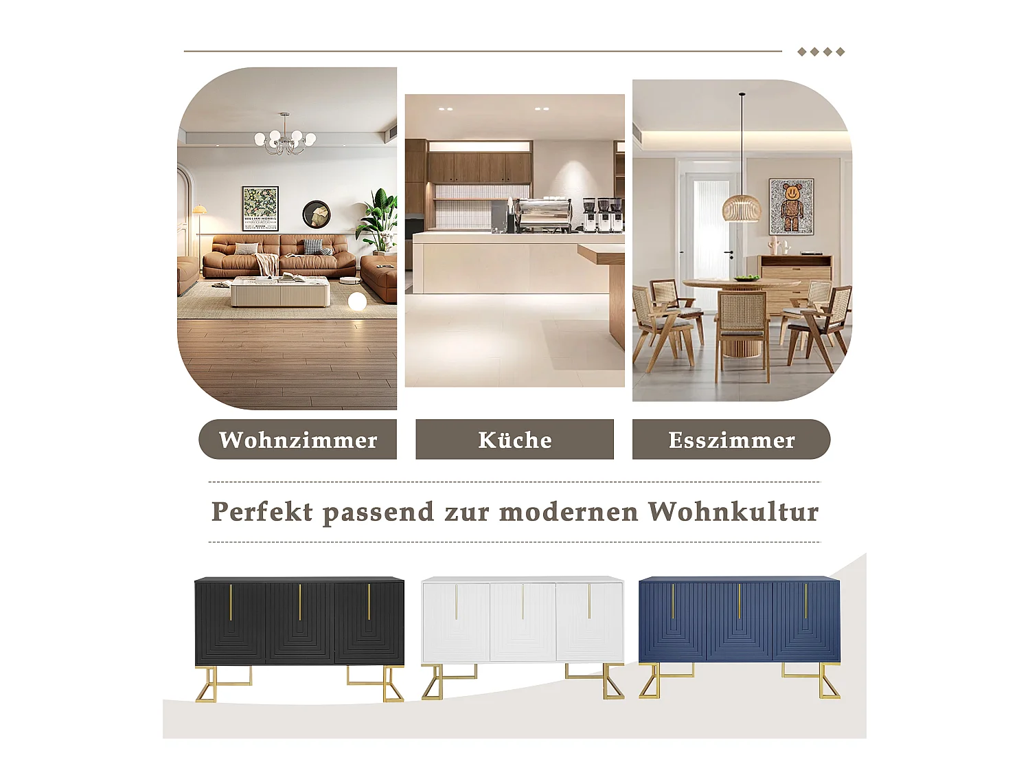 3-deurs dressoir met verstelbare planken, U-vormige deuren, metalen handgrepen en onderstel, MDF, marineblauw (138x40x80,5 cm)