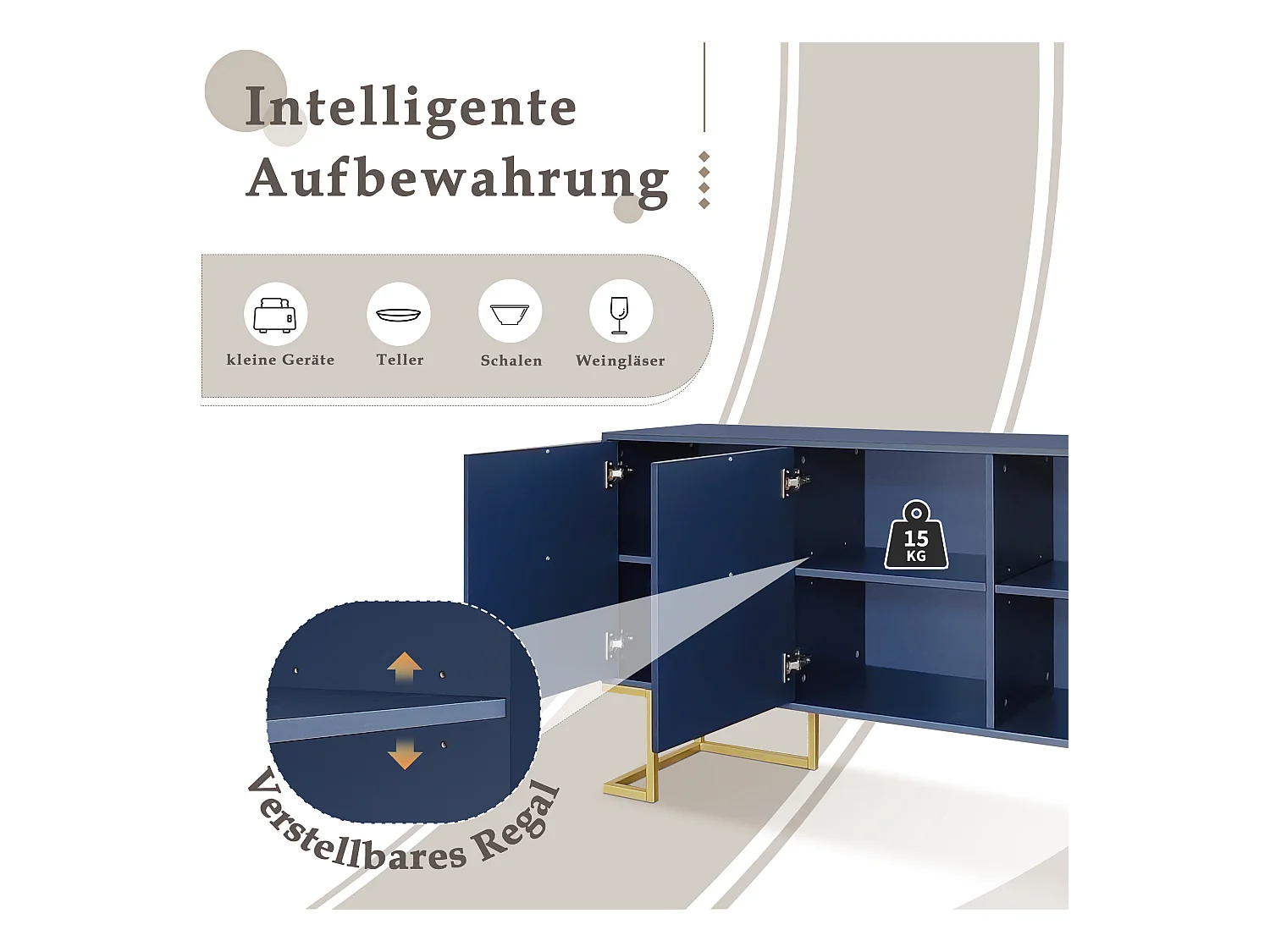 3-deurs dressoir met verstelbare planken, U-vormige deuren, metalen handgrepen en onderstel, MDF, marineblauw (138x40x80,5 cm)