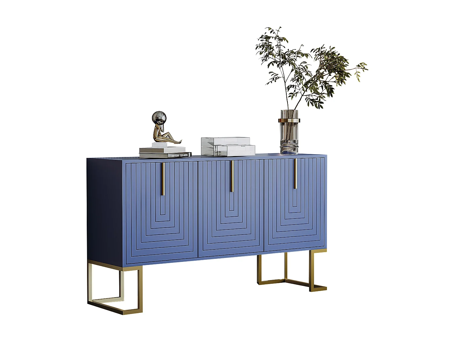 Buffet 3 portes avec étagères réglables, portes en U, poignées métalliques et socle, MDF, bleu marine (138x40x80.5 cm)