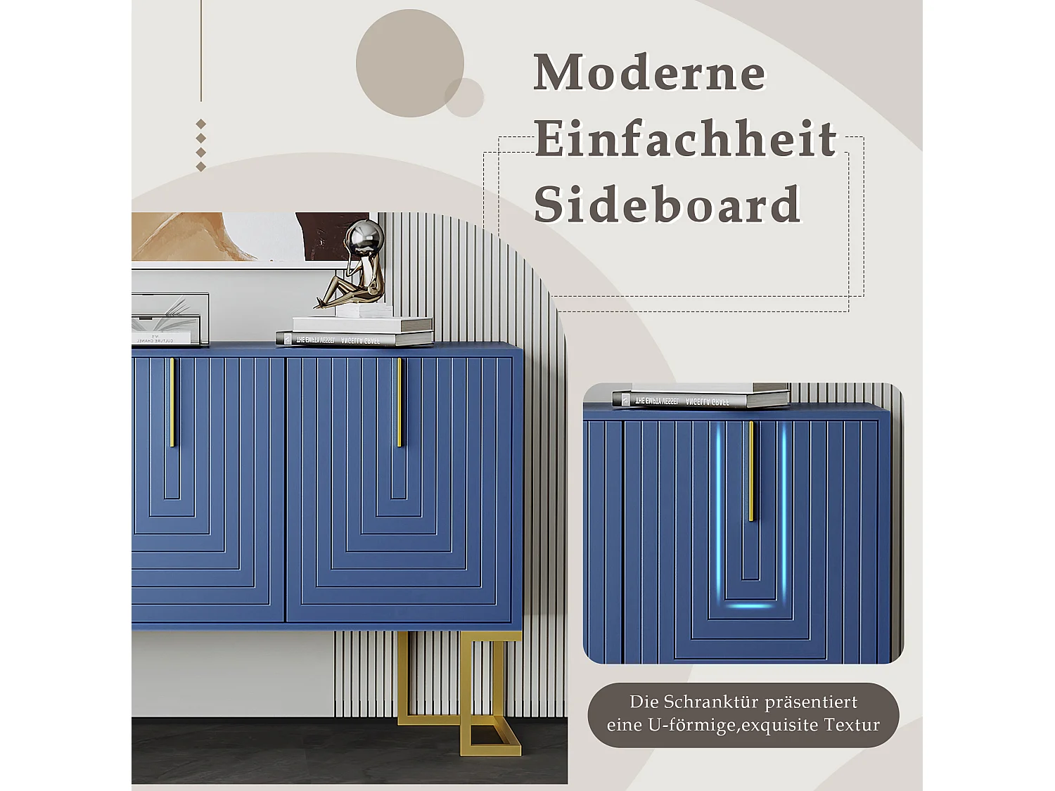 Buffet 3 portes avec étagères réglables, portes en U, poignées métalliques et socle, MDF, bleu marine (138x40x80.5 cm)