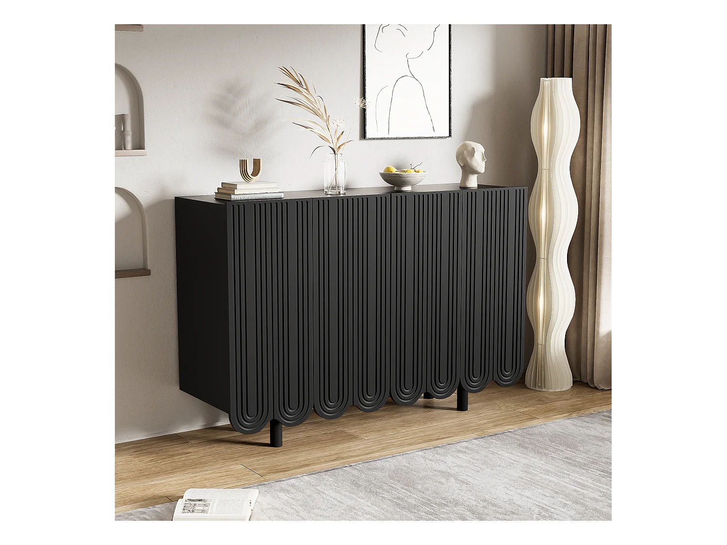 Buffet avec portes sculptées en forme de goutte, MDF, noir (120x37.5x80.8 cm)