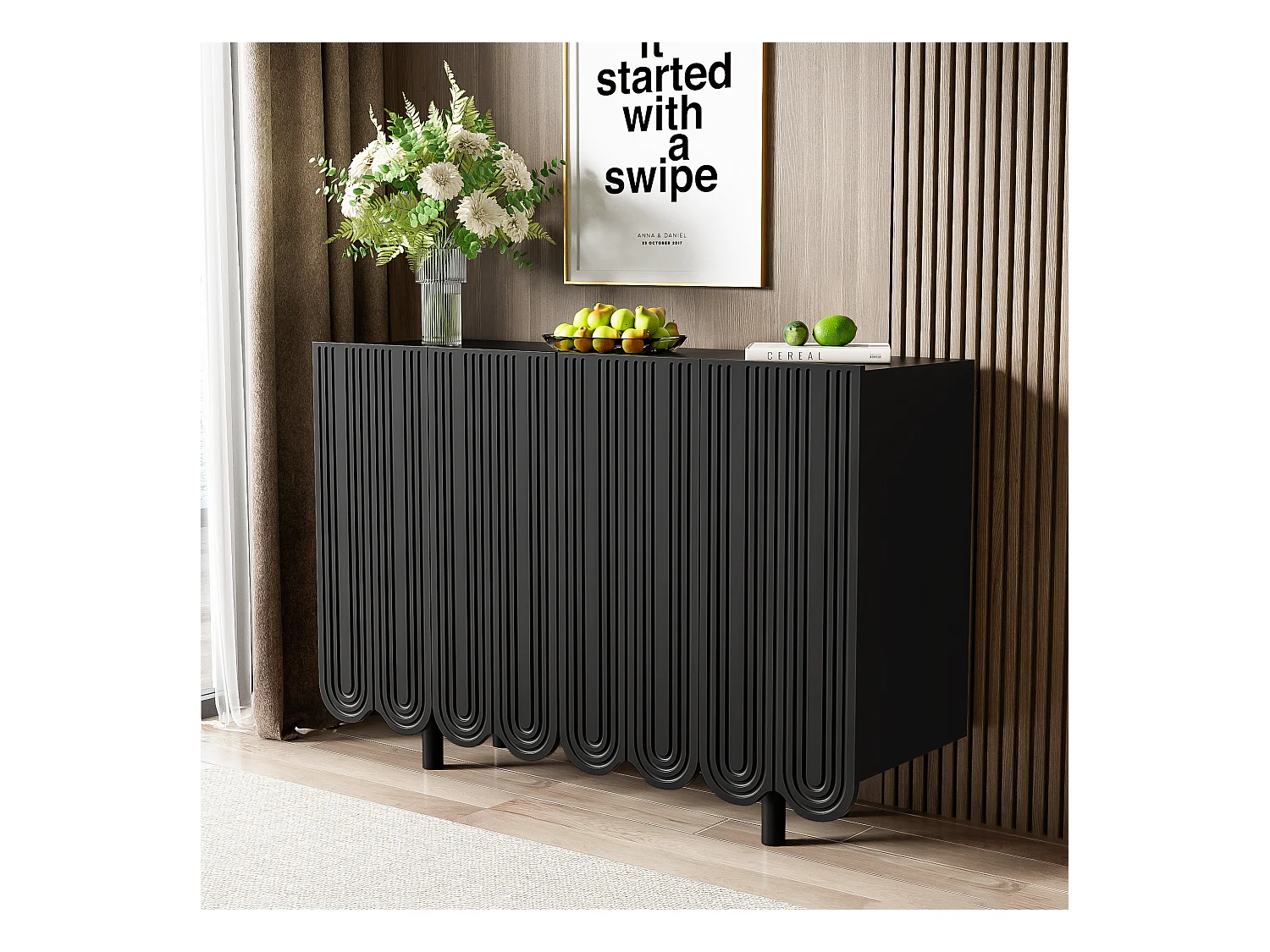 Buffet avec portes sculptées en forme de goutte, MDF, noir (120x37.5x80.8 cm)