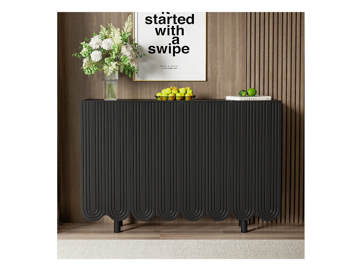 Buffet avec portes sculptées en forme de goutte, MDF, noir (120x37.5x80.8 cm)