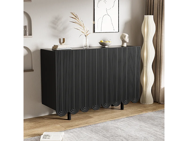 Credenza con ante intagliate a forma di goccia, MDF, nero (120x37,5x80,8 cm)