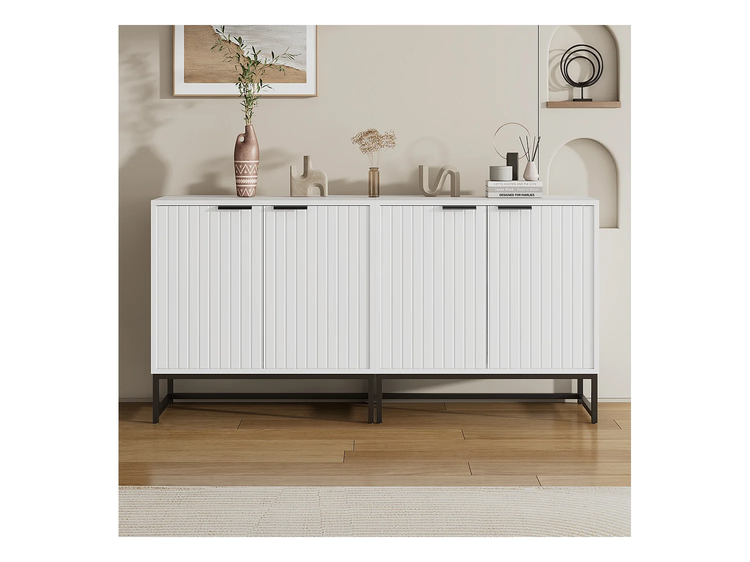 Buffet moderne avec 2 portes, cadre en métal, panneaux en bois, blanc (160x40x80 cm)