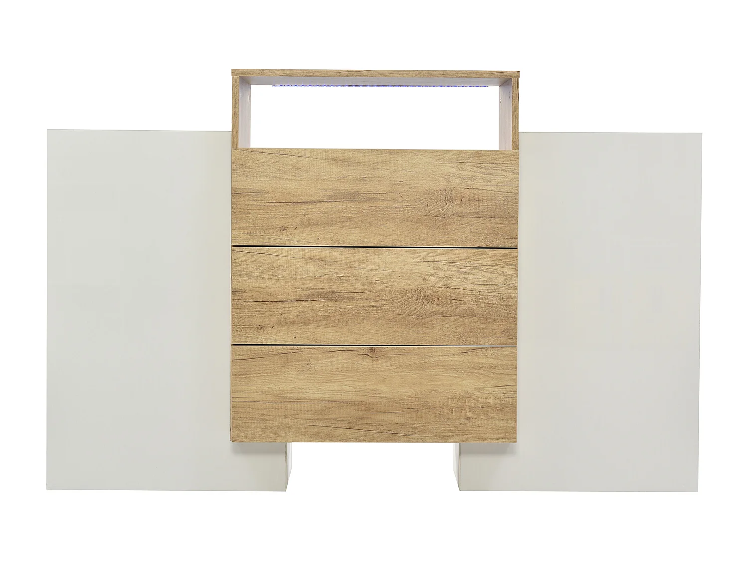 Buffet moderne avec LED multicolores, finition haute brillance et bois, MDF, blanc et bois (140x30x77.5 cm)