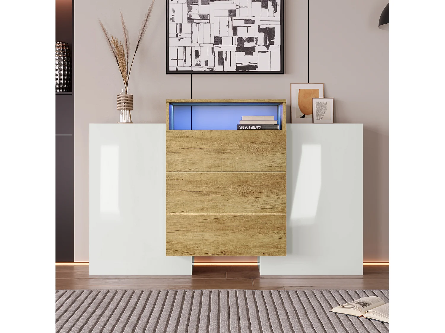 Buffet moderne avec LED multicolores, finition haute brillance et bois, MDF, blanc et bois (140x30x77.5 cm)