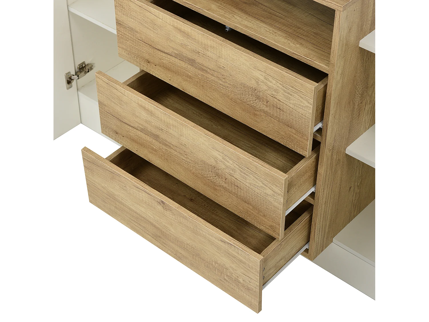 Buffet moderne avec LED multicolores, finition haute brillance et bois, MDF, blanc et bois (140x30x77.5 cm)