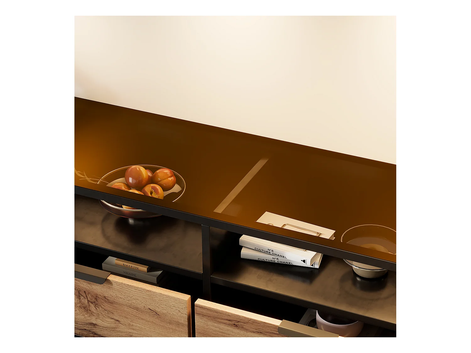 Commode Buffet en verre ambre, 6 tiroirs et 2 compartiments, avec poignées métalliques, anti-basculement, chêne (120x40x80 cm)