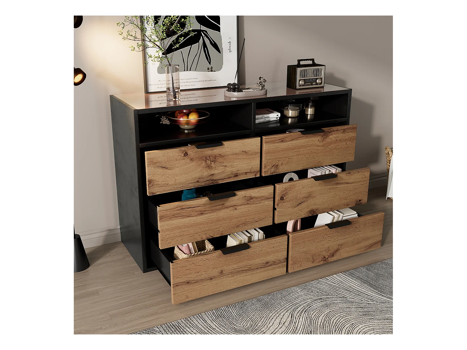 Commode Buffet en verre ambre, 6 tiroirs et 2 compartiments, avec poignées métalliques, anti-basculement, chêne (120x40x80 cm)