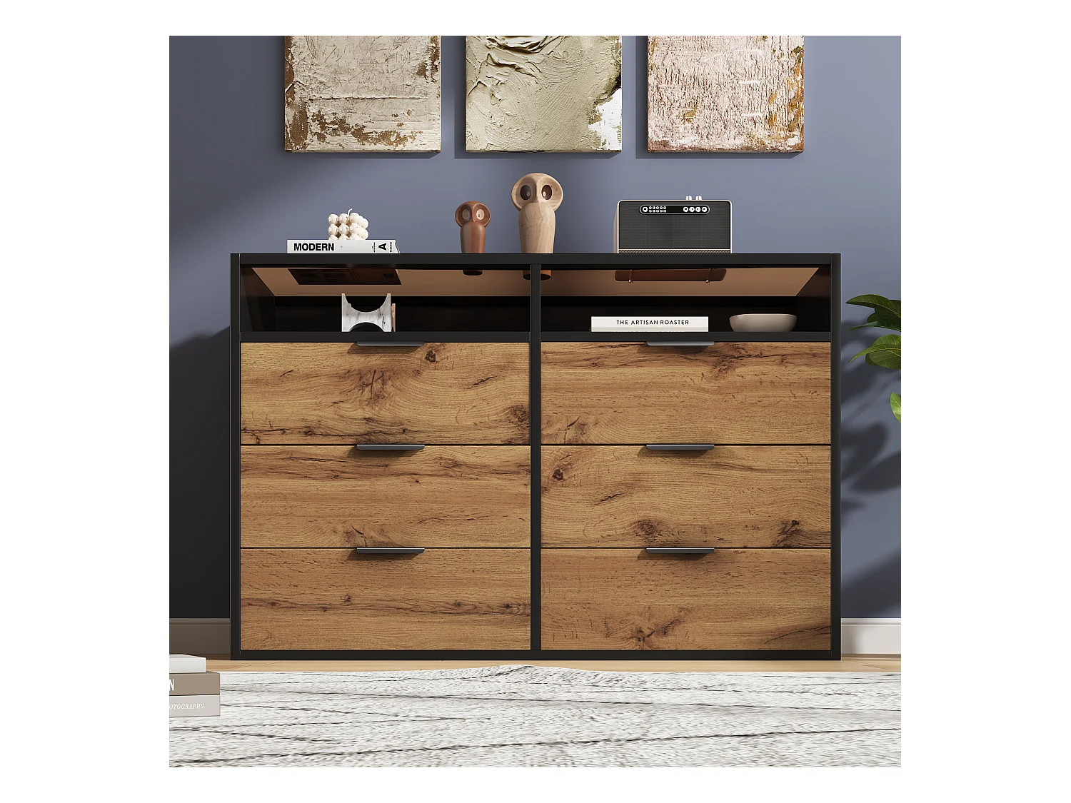 Commode Buffet en verre ambre, 6 tiroirs et 2 compartiments, avec poignées métalliques, anti-basculement, chêne (120x40x80 cm)