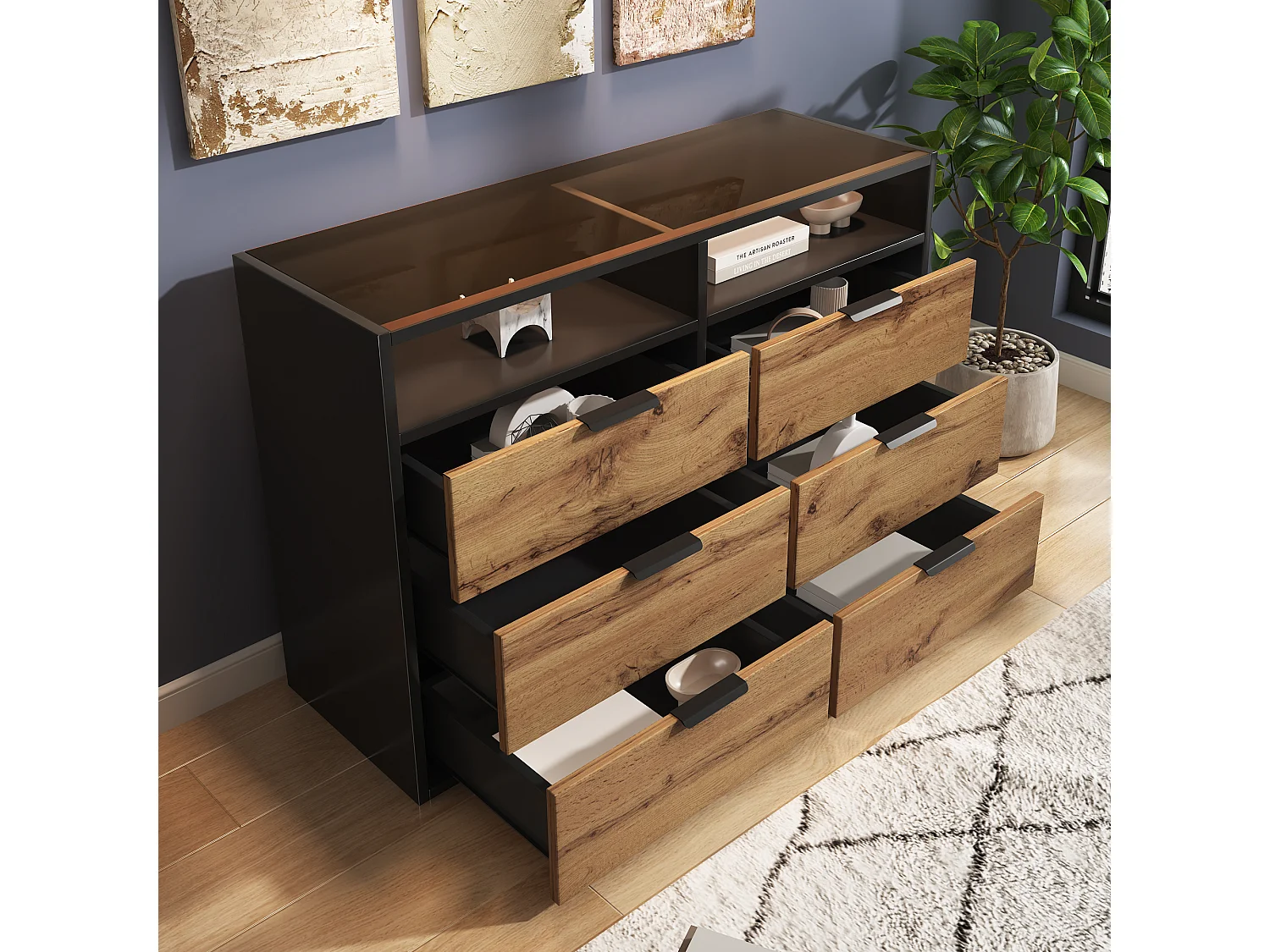 Commode Buffet en verre ambre, 6 tiroirs et 2 compartiments, avec poignées métalliques, anti-basculement, chêne (120x40x80 cm)