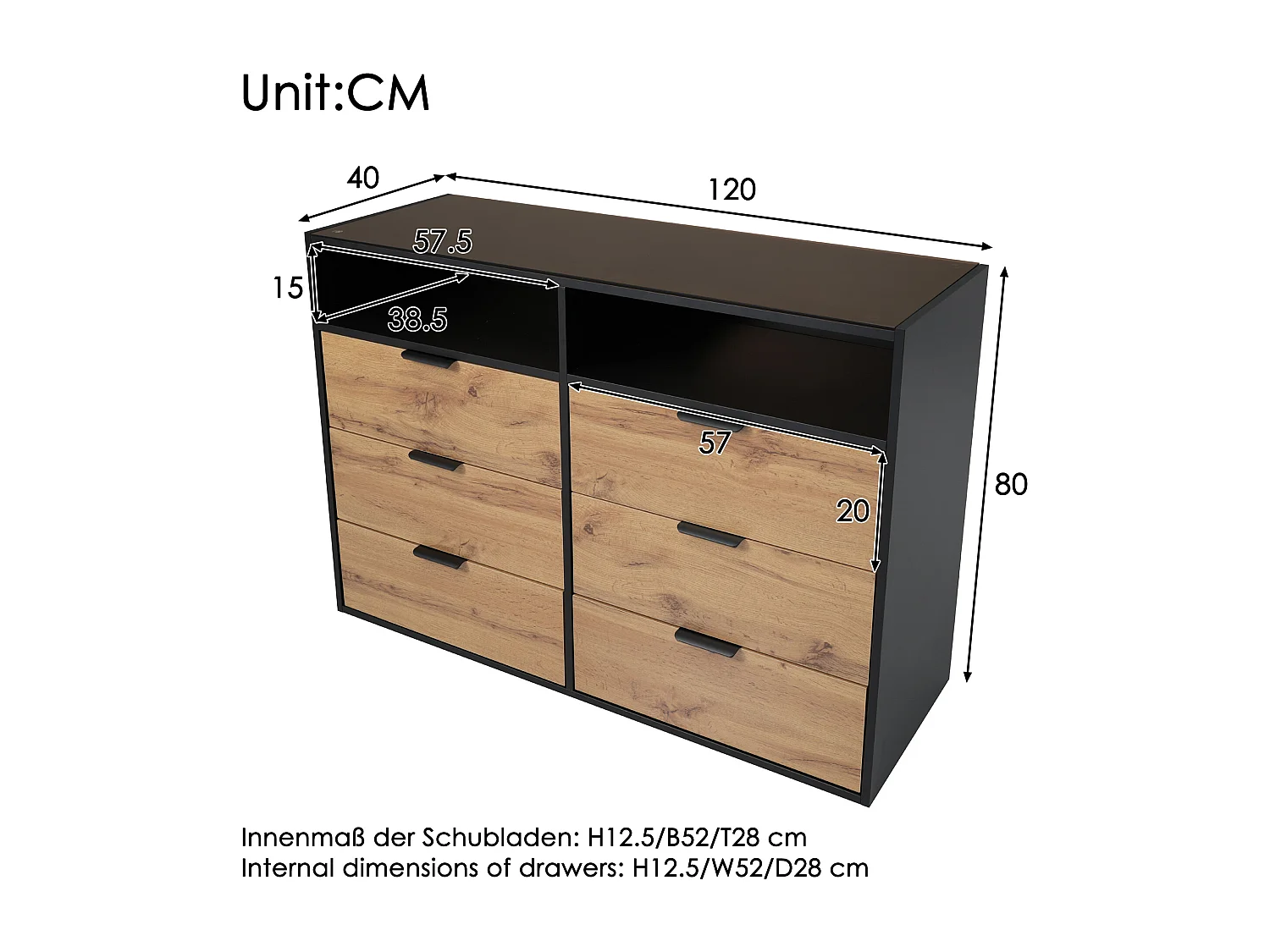 Commode Buffet en verre ambre, 6 tiroirs et 2 compartiments, avec poignées métalliques, anti-basculement, chêne (120x40x80 cm)