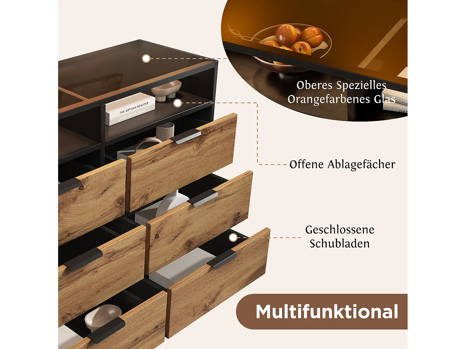 Commode Buffet en verre ambre, 6 tiroirs et 2 compartiments, avec poignées métalliques, anti-basculement, chêne (120x40x80 cm)