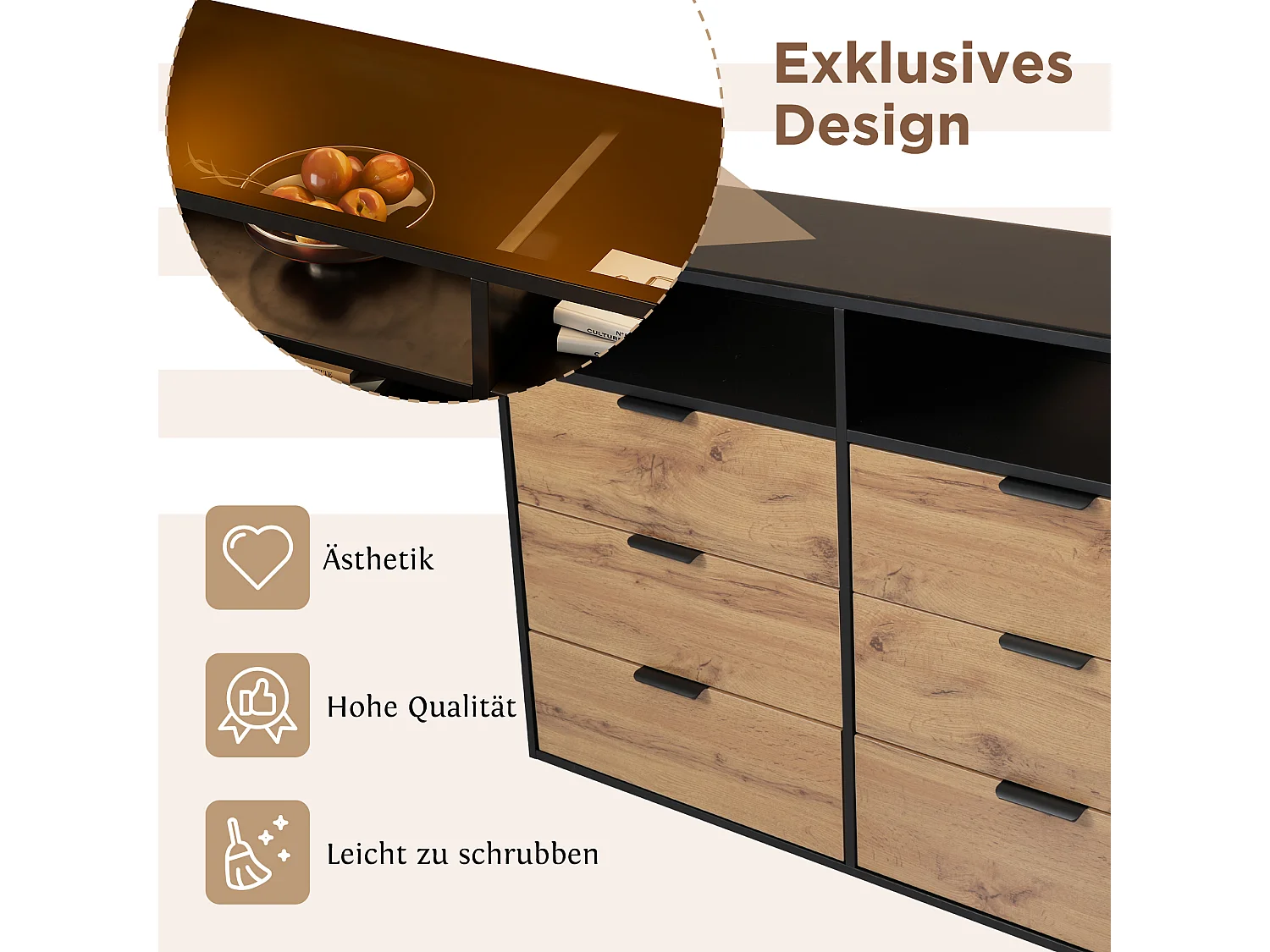 Commode Buffet en verre ambre, 6 tiroirs et 2 compartiments, avec poignées métalliques, anti-basculement, chêne (120x40x80 cm)
