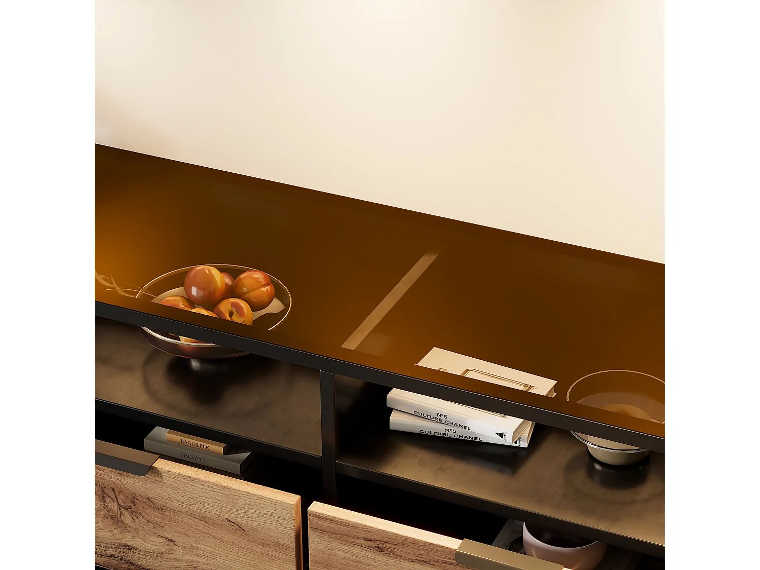 Commode Buffet en verre ambre, 6 tiroirs et 2 compartiments, avec poignées métalliques, anti-basculement, chêne (120x40x80 cm)