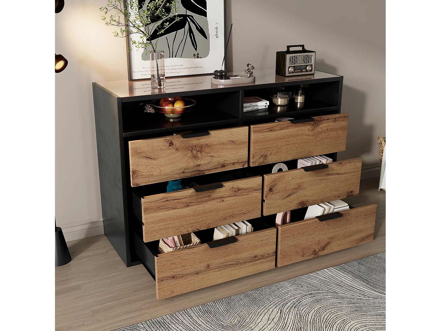 Commode Buffet en verre ambre, 6 tiroirs et 2 compartiments, avec poignées métalliques, anti-basculement, chêne (120x40x80 cm)