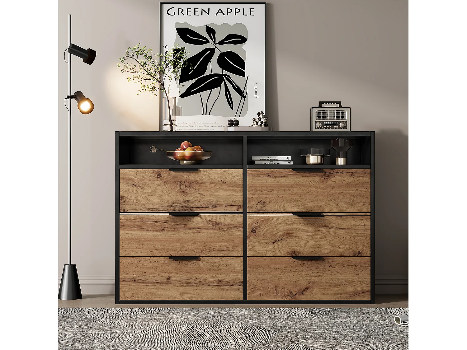 Commode Buffet en verre ambre, 6 tiroirs et 2 compartiments, avec poignées métalliques, anti-basculement, chêne (120x40x80 cm)