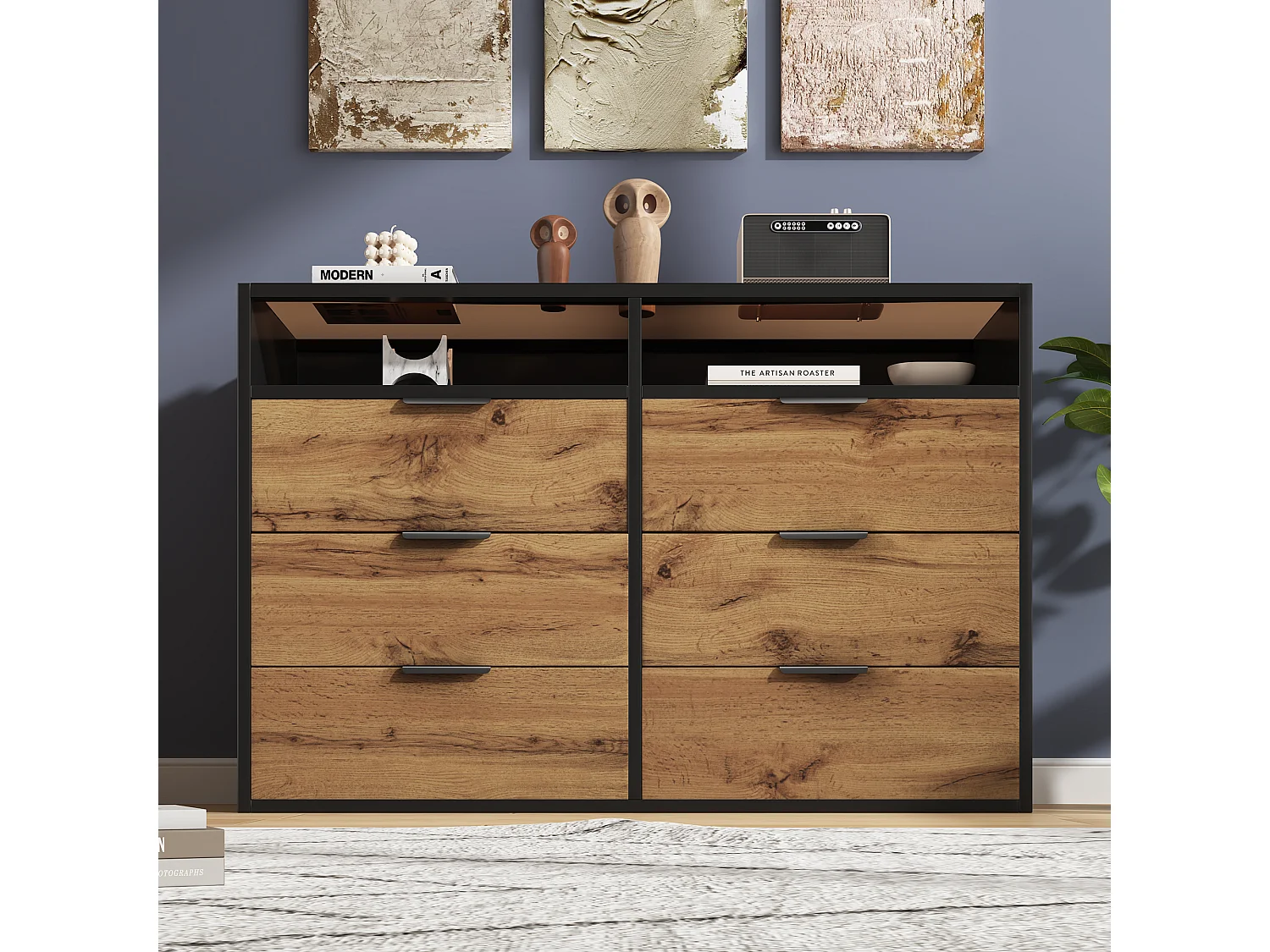 Commode Buffet en verre ambre, 6 tiroirs et 2 compartiments, avec poignées métalliques, anti-basculement, chêne (120x40x80 cm)