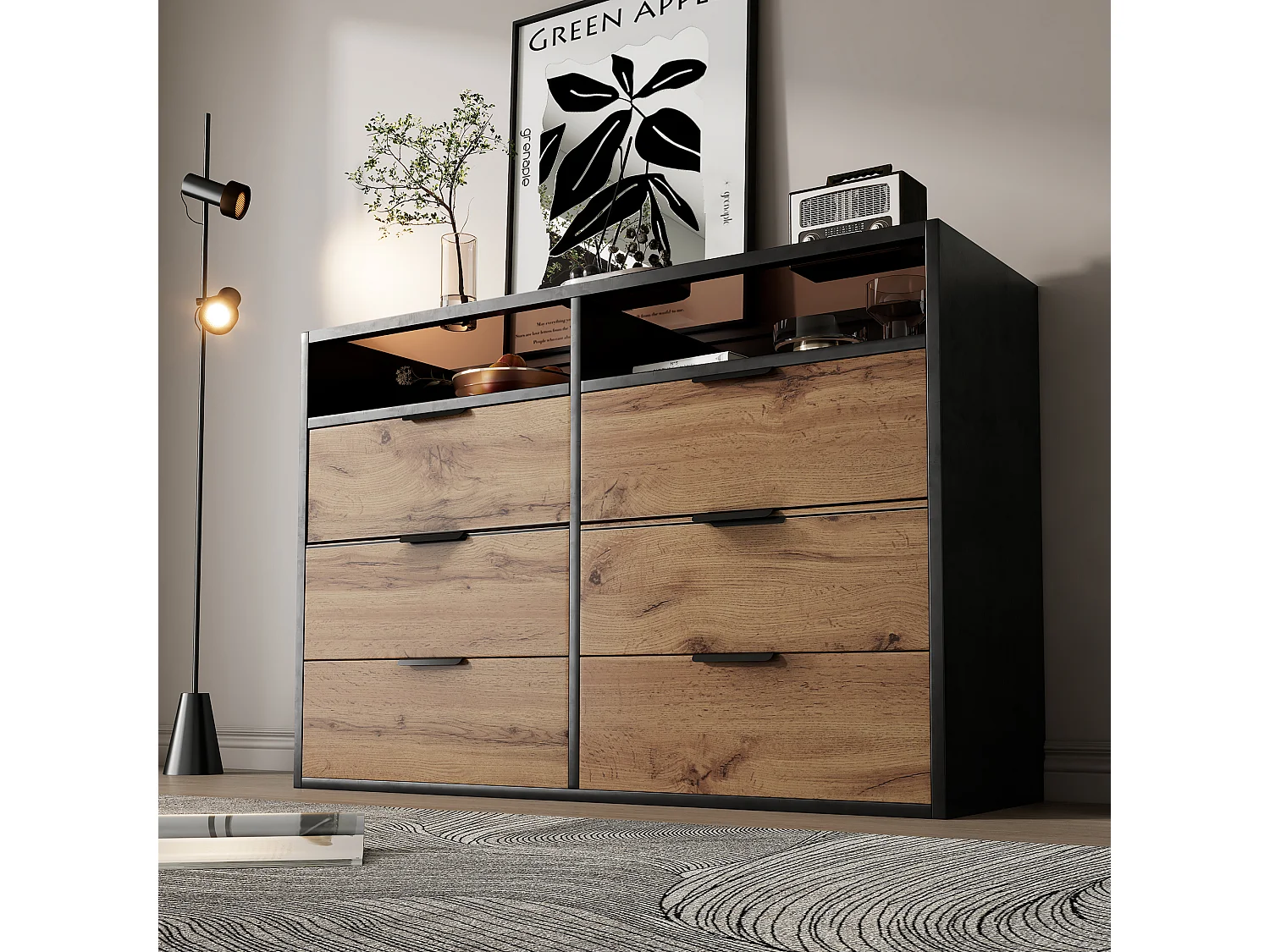 Commode Buffet en verre ambre, 6 tiroirs et 2 compartiments, avec poignées métalliques, anti-basculement, chêne (120x40x80 cm)