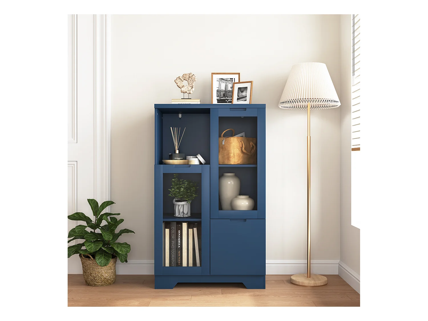 Armoire en MDF avec portes en verre et tiroir, espace de rangement ouvert, blanc (65x30x100 cm)