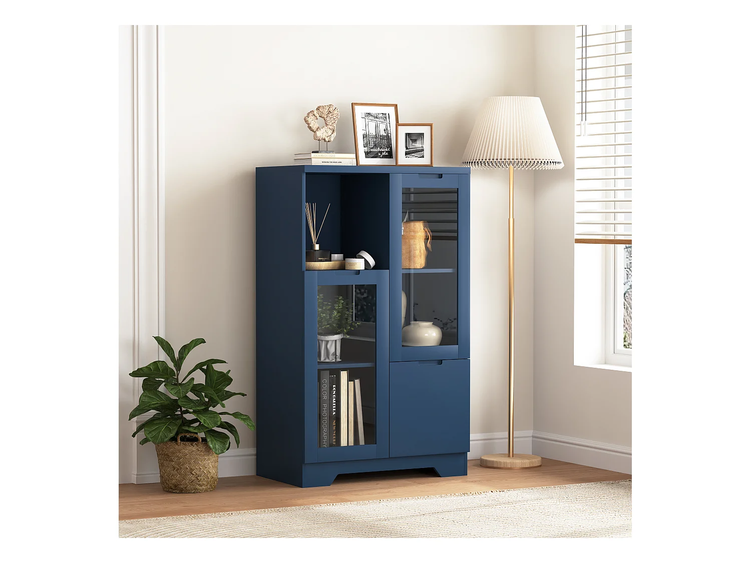 Armoire en MDF avec portes en verre et tiroir, espace de rangement ouvert, blanc (65x30x100 cm)