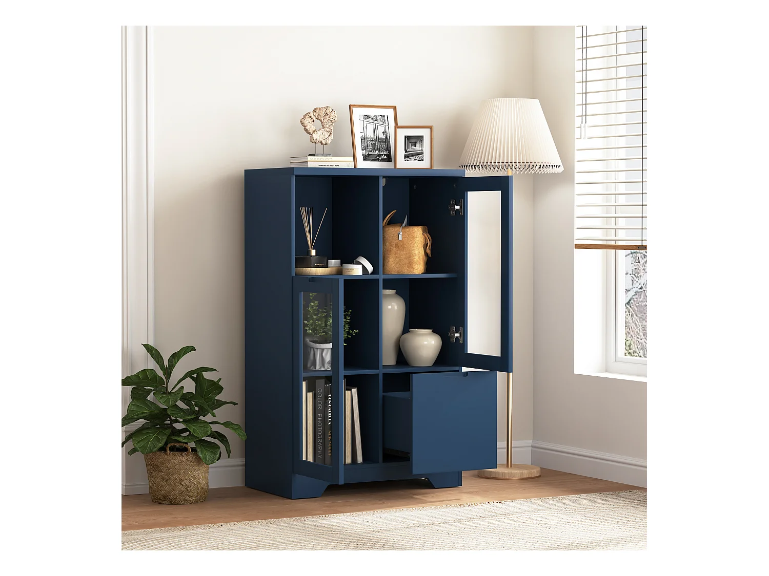 Armoire en MDF avec portes en verre et tiroir, espace de rangement ouvert, blanc (65x30x100 cm)