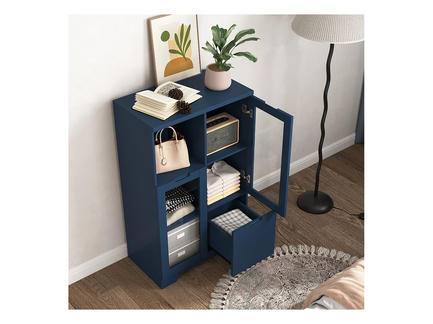 Armoire en MDF avec portes en verre et tiroir, espace de rangement ouvert, blanc (65x30x100 cm)