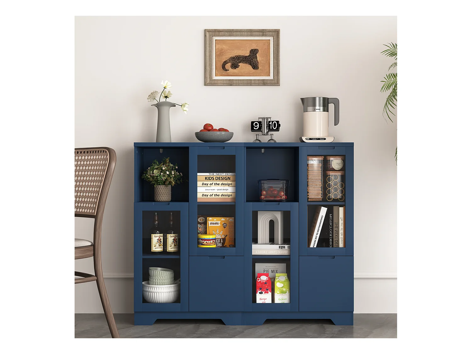 Armoire en MDF avec portes en verre et tiroir, espace de rangement ouvert, blanc (65x30x100 cm)