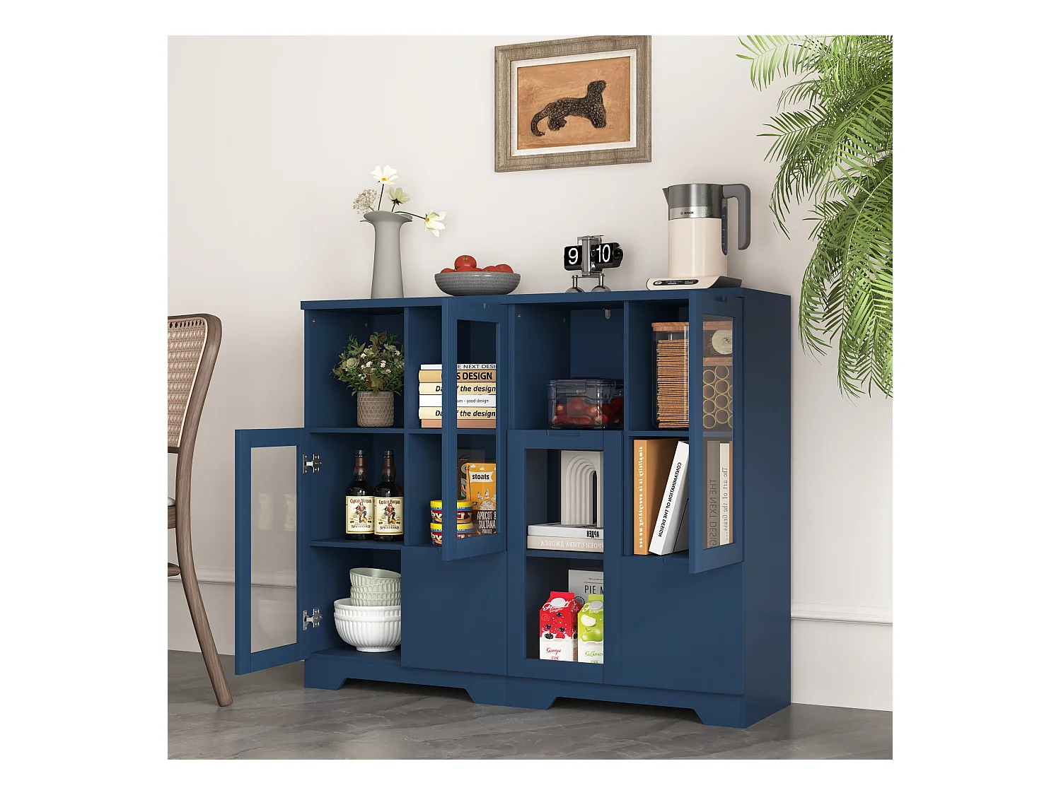 Armoire en MDF avec portes en verre et tiroir, espace de rangement ouvert, blanc (65x30x100 cm)