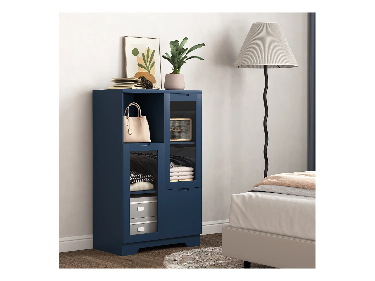 Armoire en MDF avec portes en verre et tiroir, espace de rangement ouvert, blanc (65x30x100 cm)