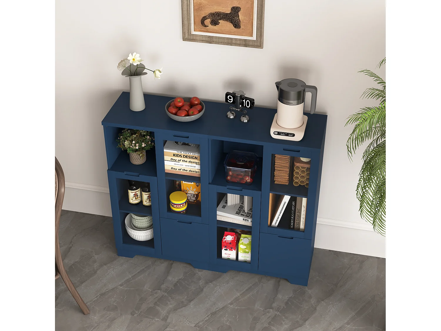 Armoire en MDF avec portes en verre et tiroir, espace de rangement ouvert, blanc (65x30x100 cm)