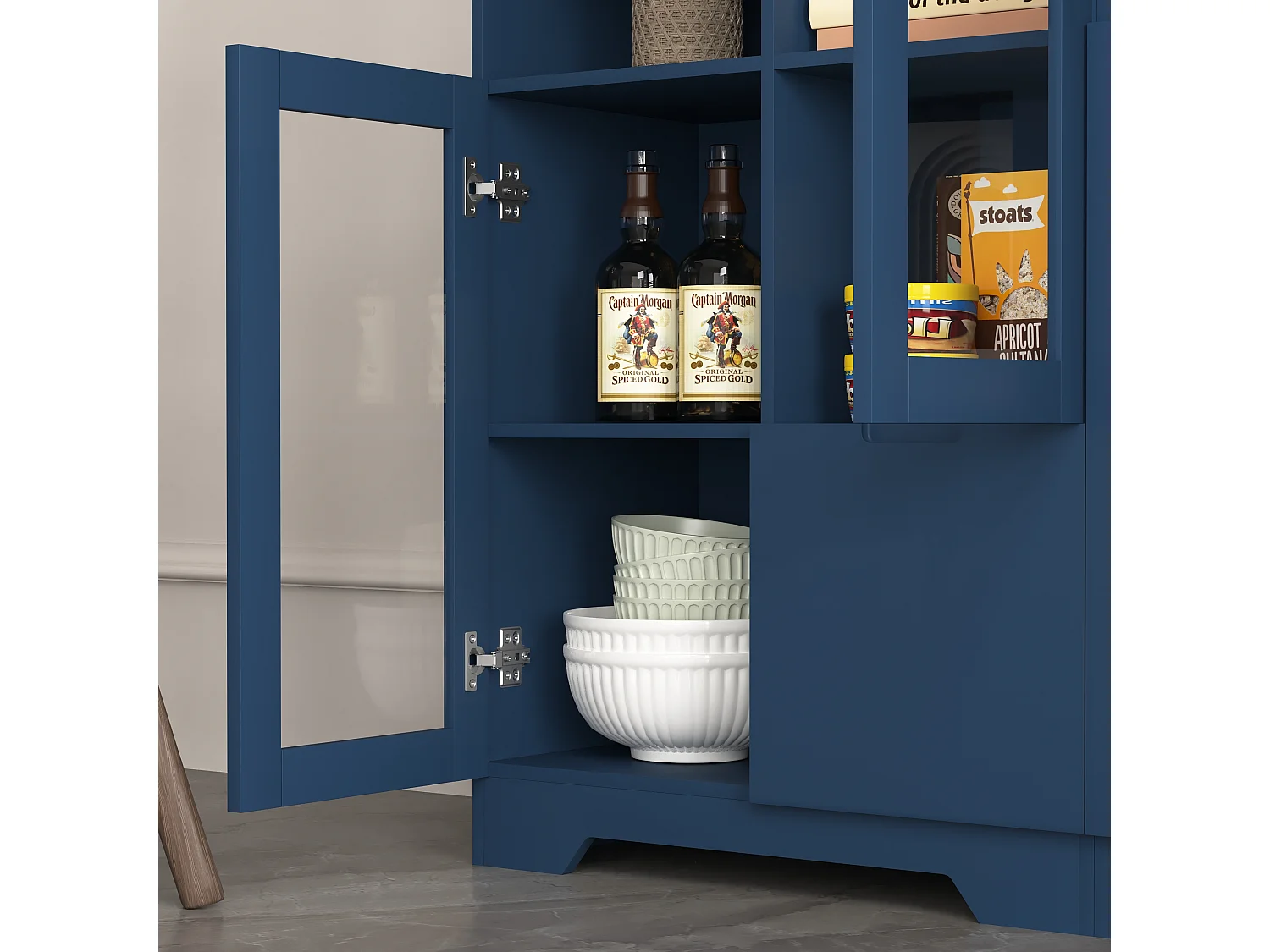 Armoire en MDF avec portes en verre et tiroir, espace de rangement ouvert, blanc (65x30x100 cm)