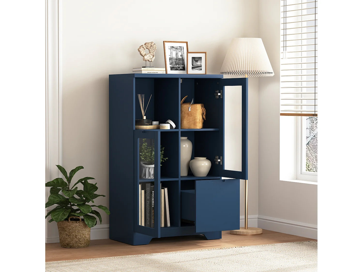 Mobiletto in MDF con ante in vetro e cassetto, vano portaoggetti aperto, bianco (65x30x100 cm)