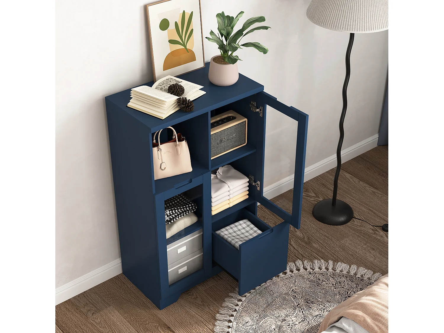 Mobiletto in MDF con ante in vetro e cassetto, vano portaoggetti aperto, bianco (65x30x100 cm)