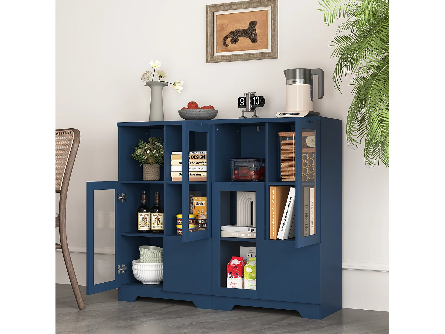 Mobiletto in MDF con ante in vetro e cassetto, vano portaoggetti aperto, bianco (65x30x100 cm)