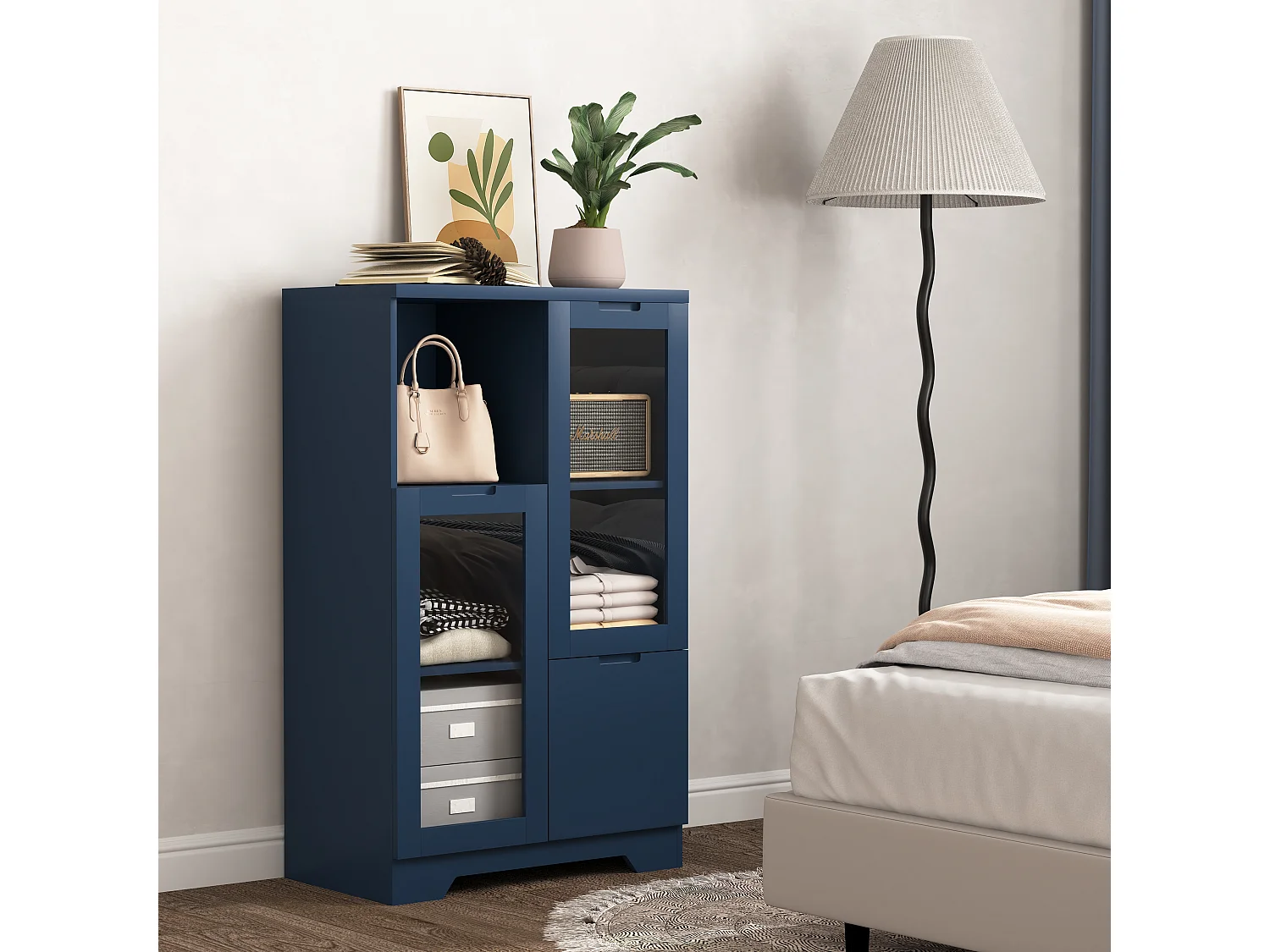 Mobiletto in MDF con ante in vetro e cassetto, vano portaoggetti aperto, bianco (65x30x100 cm)