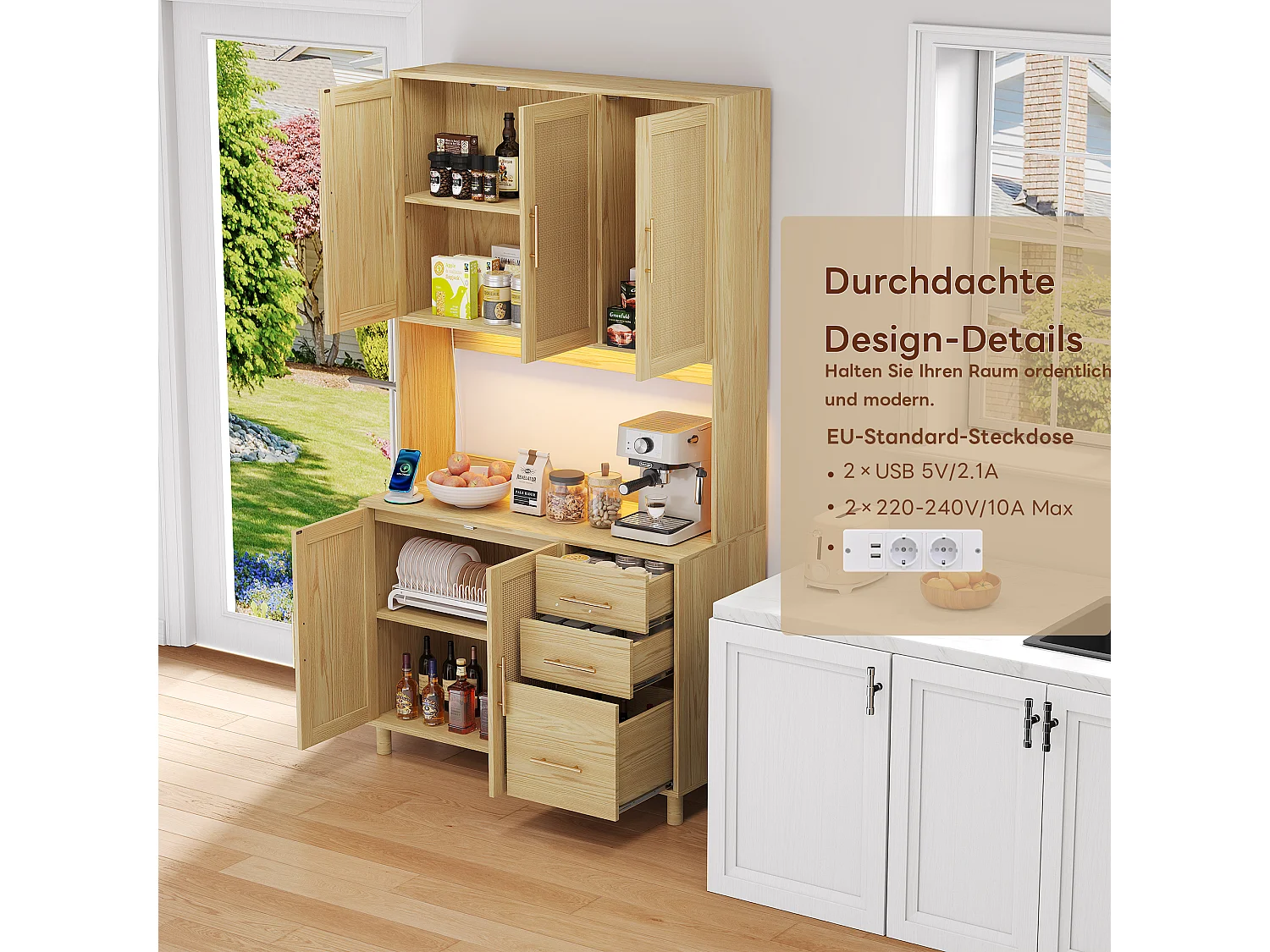 Buffet avec LED RGB, 2 USB, 2 Prises, 3 Tiroirs, 183 cm, Bois (183x40x100 cm)