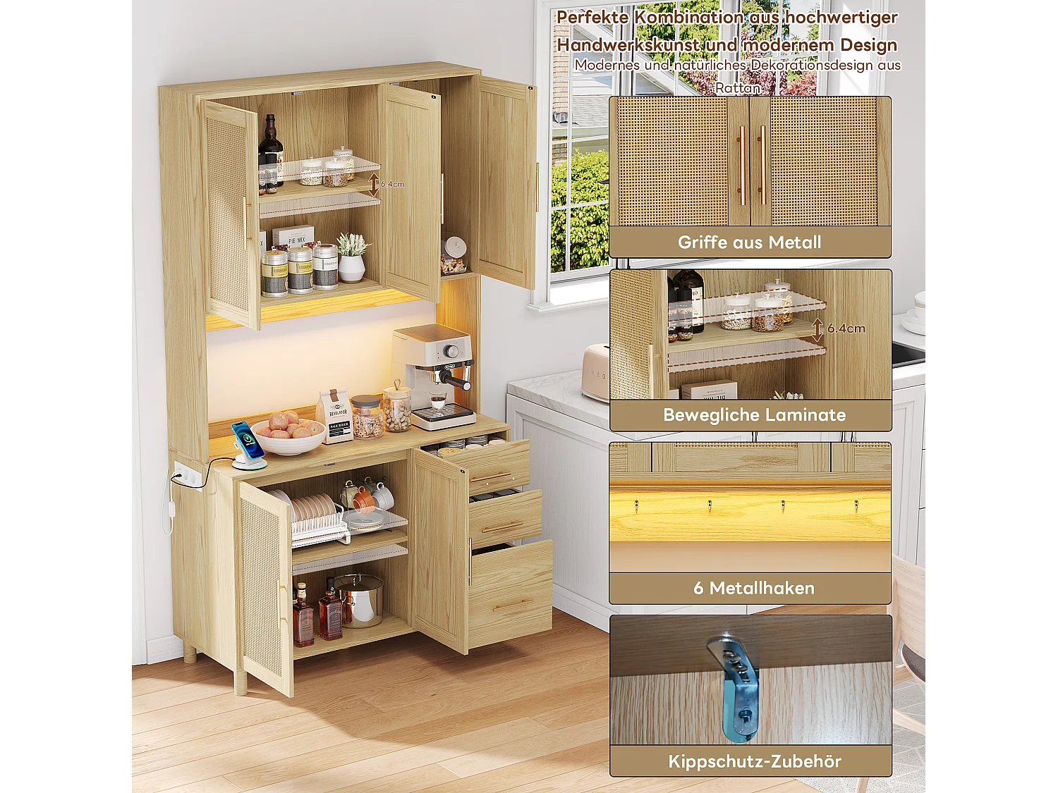 Buffet avec LED RGB, 2 USB, 2 Prises, 3 Tiroirs, 183 cm, Bois (183x40x100 cm)