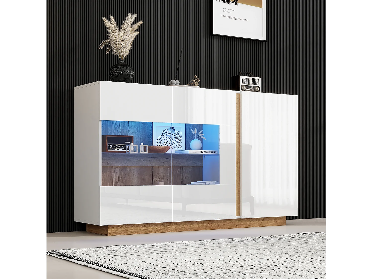 Buffet moderne, blanc laqué, avec verre trempé, bois, 3 portes et LED RGB (138x38x90.5 cm)