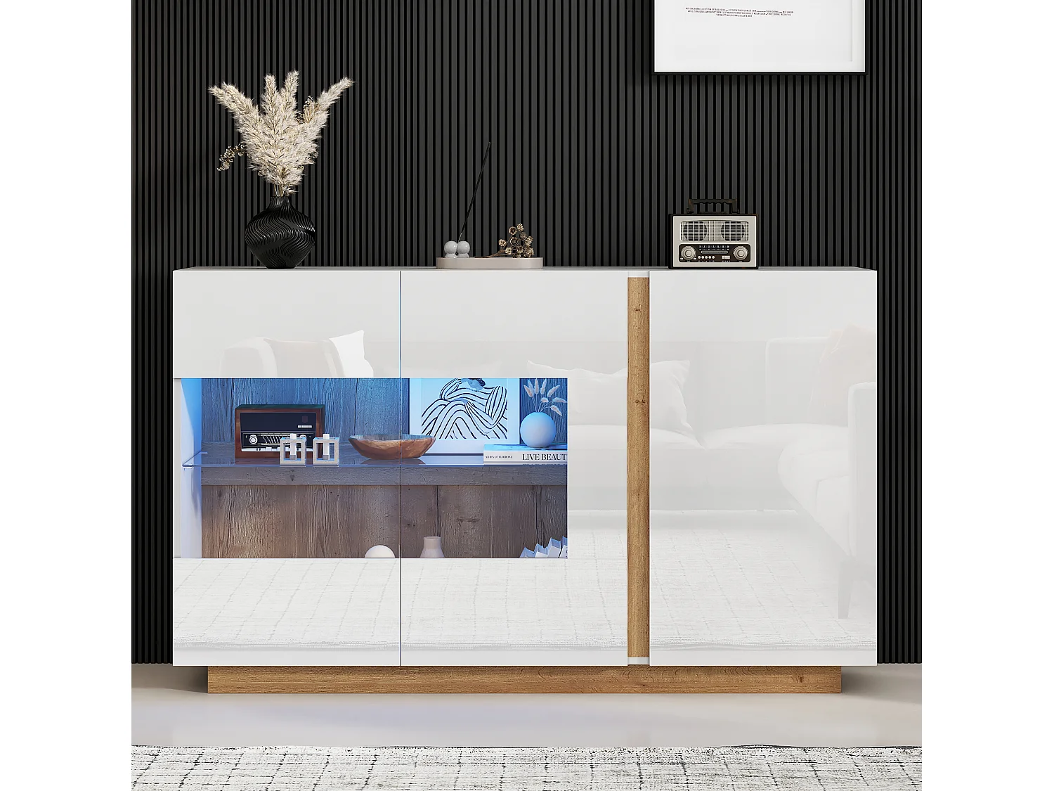 Buffet moderne, blanc laqué, avec verre trempé, bois, 3 portes et LED RGB (138x38x90.5 cm)