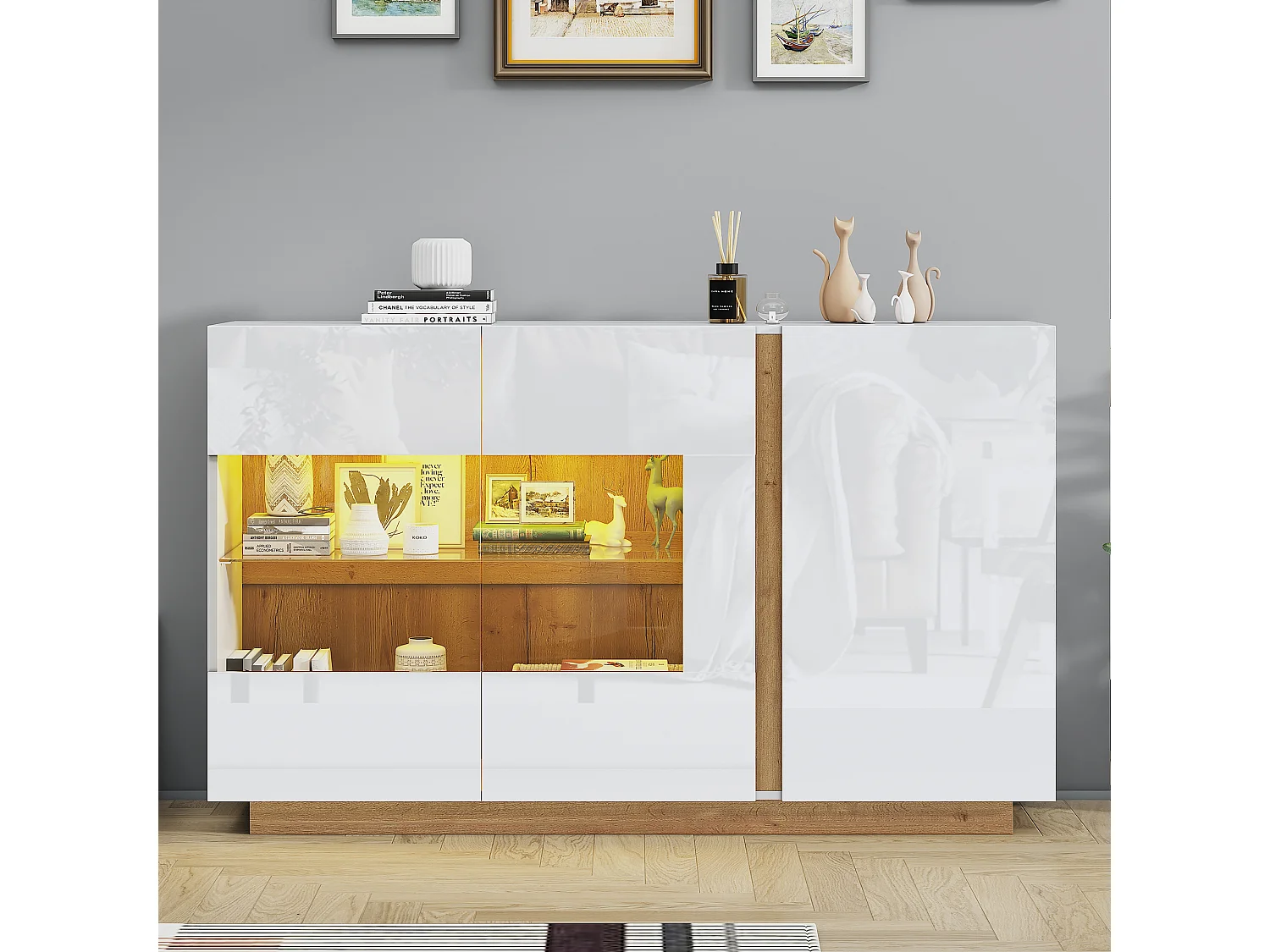Buffet moderne, blanc laqué, avec verre trempé, bois, 3 portes et LED RGB (138x38x90.5 cm)