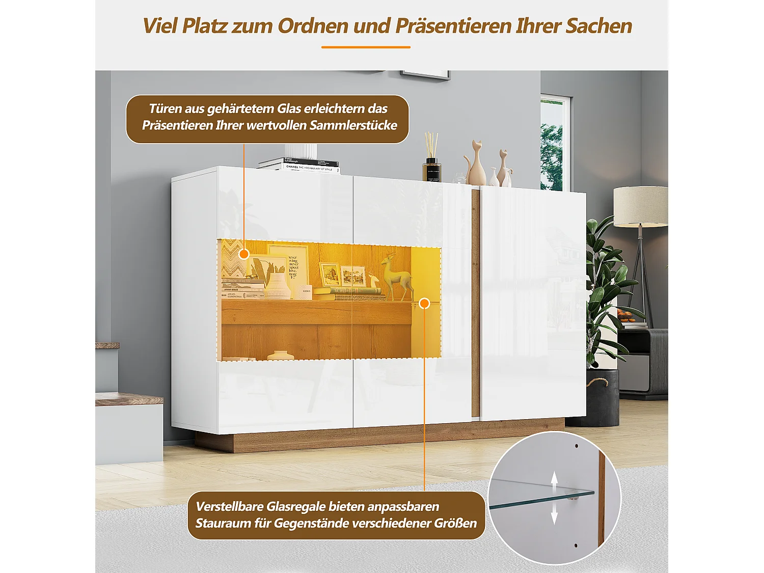 Buffet moderne, blanc laqué, avec verre trempé, bois, 3 portes et LED RGB (138x38x90.5 cm)