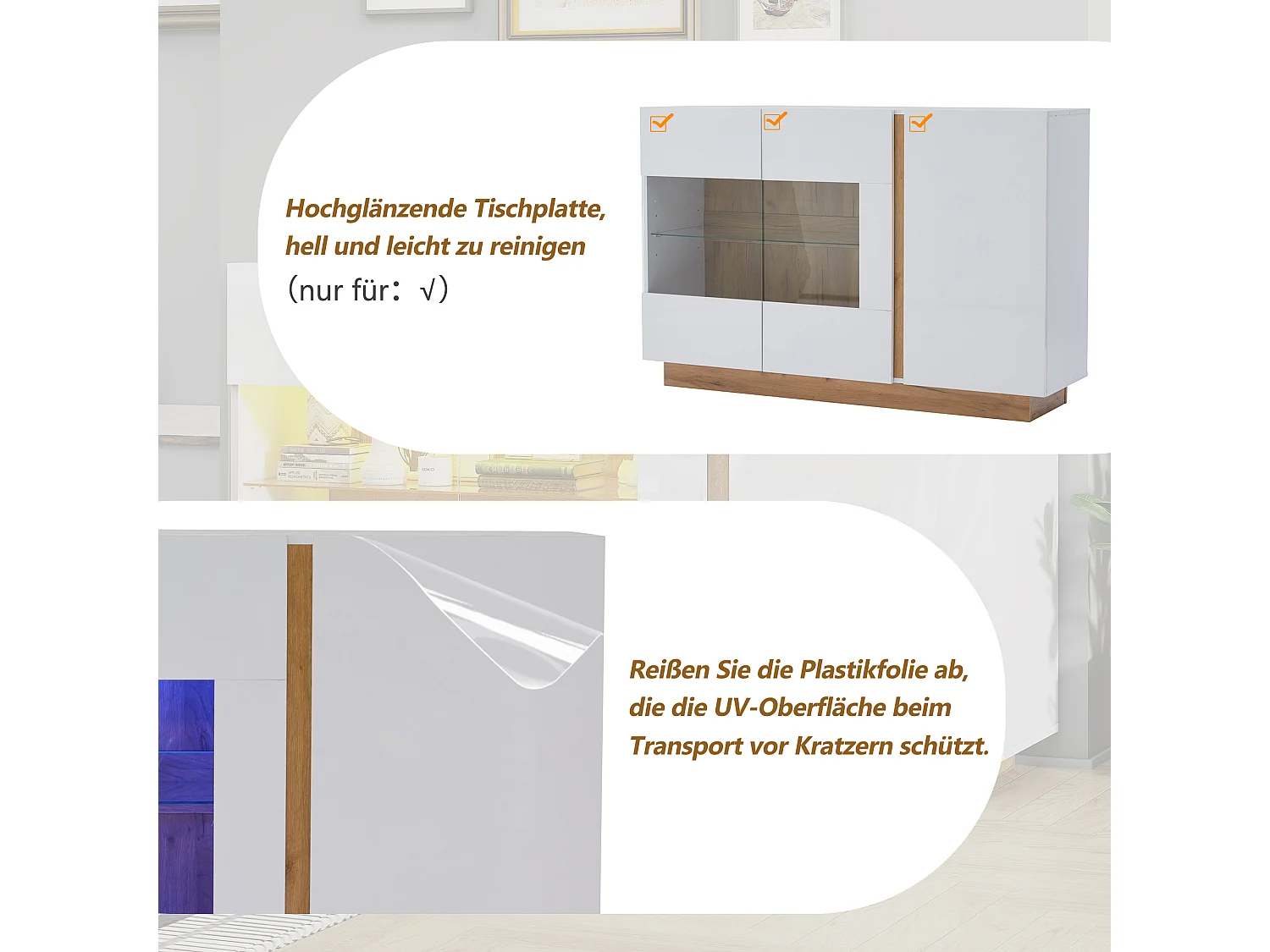 Buffet moderne, blanc laqué, avec verre trempé, bois, 3 portes et LED RGB (138x38x90.5 cm)