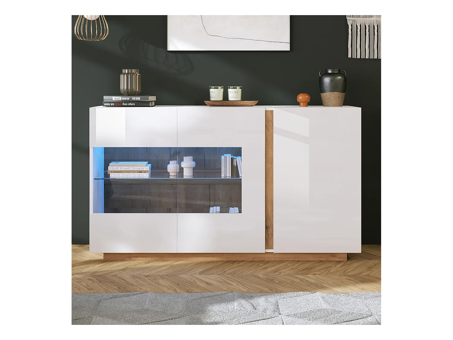 Buffet moderne, blanc laqué, avec verre trempé, bois, 3 portes et LED RGB (138x38x90.5 cm)